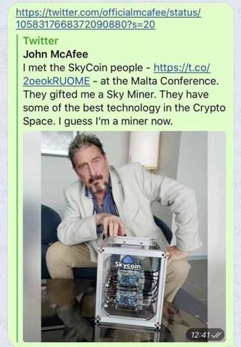 馬耳他 McAfee“踢館”，Skycoin“論劍”