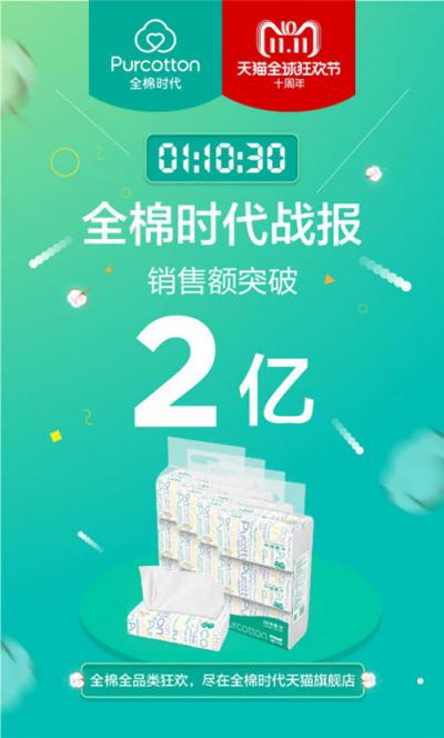 全棉時代雙十一1小時10分破2億 凌晨16分發(fā)出第一單