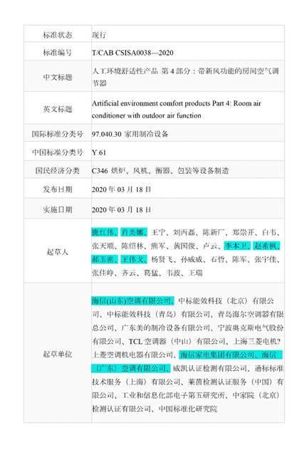 中國首個新風空調團標發(fā)布，海信牽頭制定