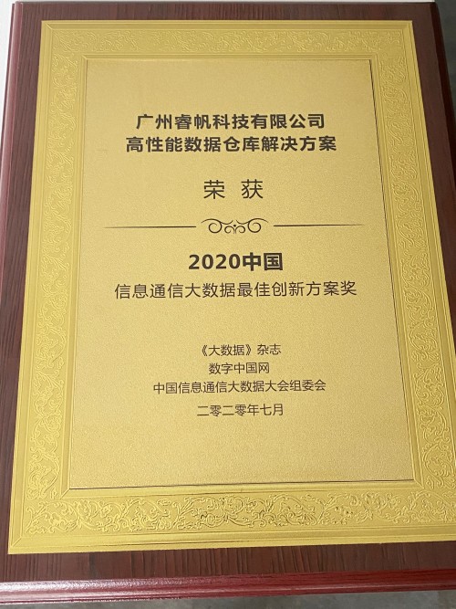 睿帆科技數(shù)倉(cāng)解決方案，榮獲2020中國(guó)信通會(huì)大數(shù)據(jù)最佳創(chuàng)新方案獎(jiǎng)