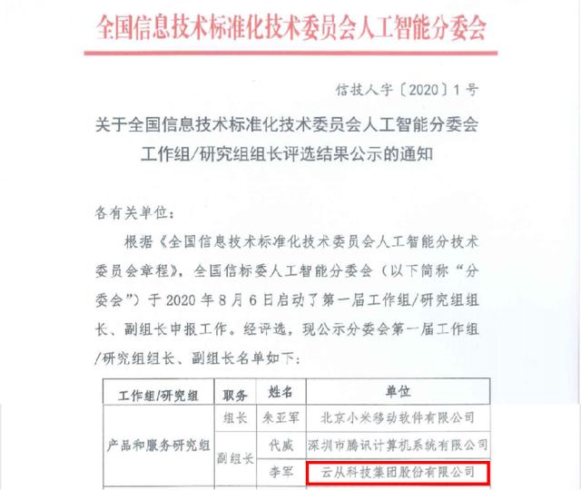 云從科技當(dāng)選全國信標(biāo)委人工智能分委會(huì)副組長