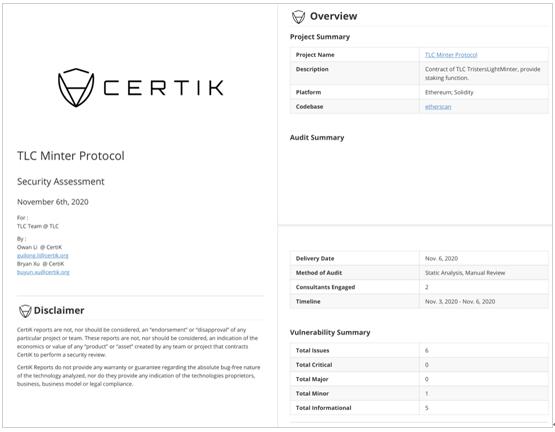 美國(guó)安全審計(jì)公司CERTIK完成去中心化借貸協(xié)議TLC智能合約代碼審計(jì)