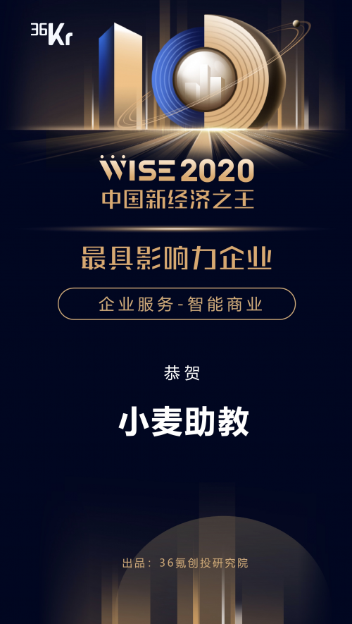 小麥助教獲評36氪新經濟之王“最具影響力企業(yè)”，開啟教育信息化新未來