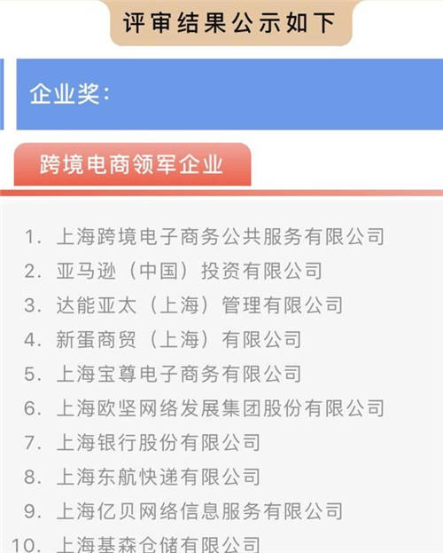 亞馬遜、新蛋、億貝入選上?？缇畴娚?020年度十大領(lǐng)軍企業(yè)榜單