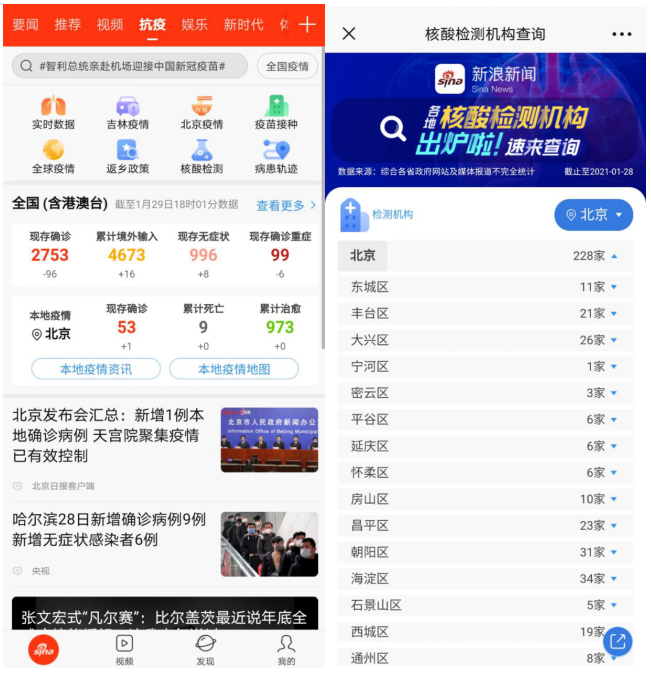 新浪新聞上線“核酸檢測”查詢功能 檢測機構(gòu)一鍵查詢
