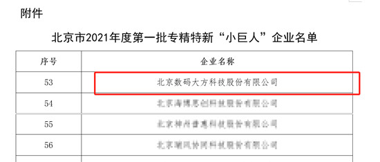 數(shù)碼大方入選2021北京市首批專精特新“小巨人”企業(yè)