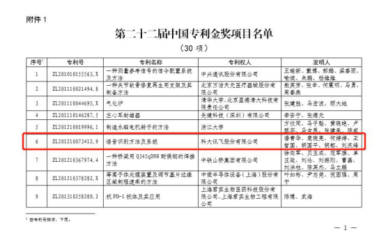 科大訊飛“語音識別方法及系統(tǒng)”發(fā)明專利榮獲中國專利金獎