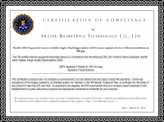 亞略特兩款超大面積活體指紋產(chǎn)品通過FBI高等級(jí)認(rèn)證