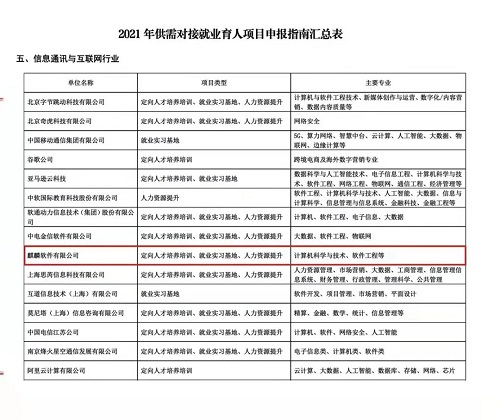 首批項(xiàng)目征集！麒麟軟件入選2021年教育部供需對(duì)接就業(yè)育人項(xiàng)目申報(bào)指南