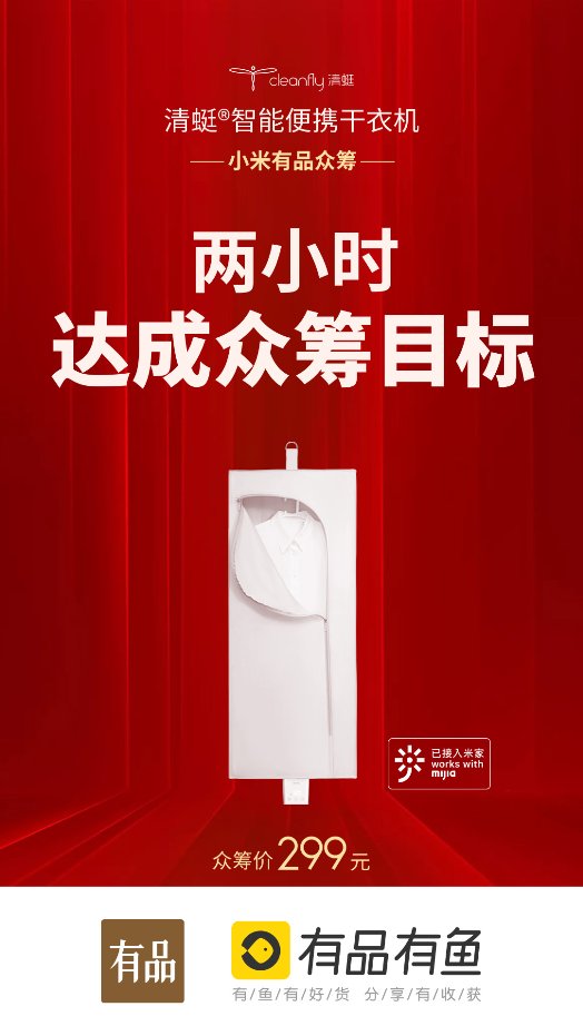 小米眾籌新品清蜓智能便攜干衣機(jī)，上線2小時(shí)超額達(dá)成眾籌目標(biāo)