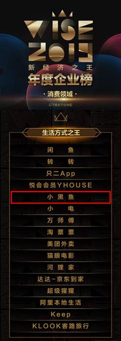 2019新經(jīng)濟之王榜單發(fā)布，小黑魚獲評“生活方式之王”