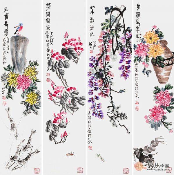 誰的作品值得收藏？齊派藝術(shù)佳作 樸喆寫意花鳥畫四條屏